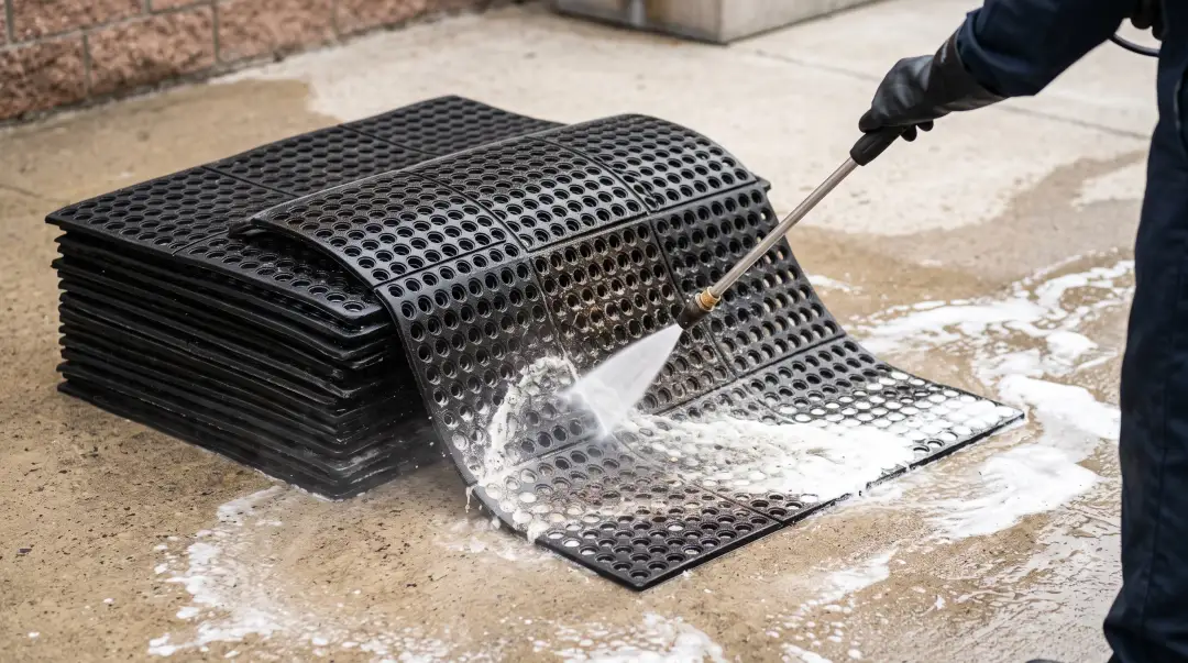 Stack of commercial kitchen floor mats being pressure-washed and degreased on a concrete pad