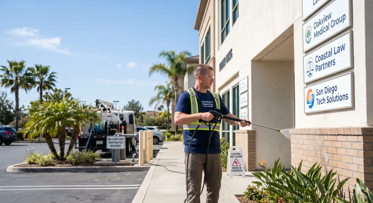 Commercial Cleaning of San Diego technician pressure-washing the exterior of a multi-tenant commercial property in San Diego, with medical group, law firm, and tech-company tenant signage visible and an EPA-compliant wastewater recovery truck in the background