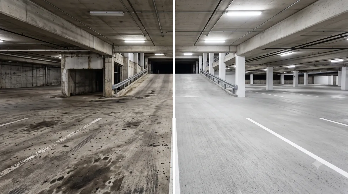Commercial parking garage entry deck split down the middle — left half stained with oil spots and tire marks, right half freshly cleaned bright concrete