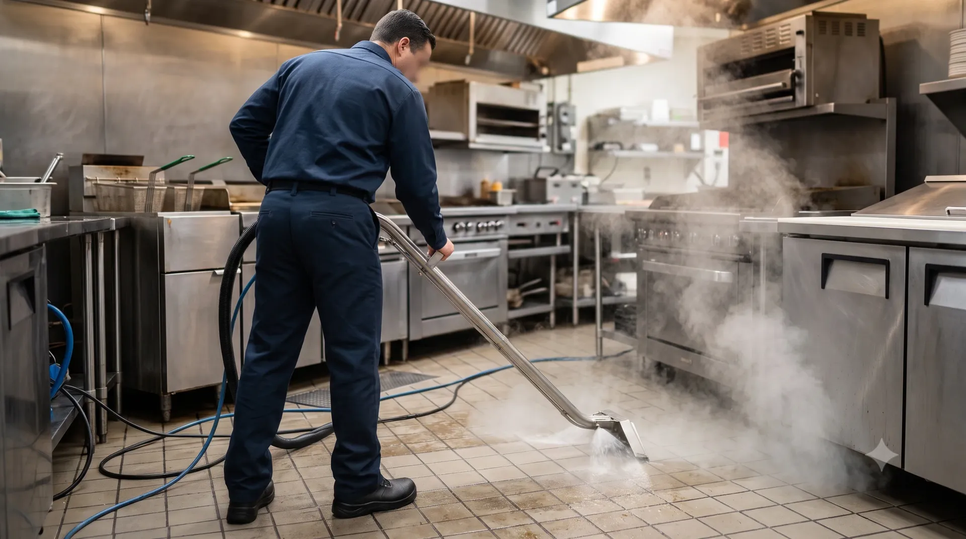 Commercial Cleaning of San Diego technician using truck-mounted hot-water extraction equipment on a restaurant kitchen floor near the cook line